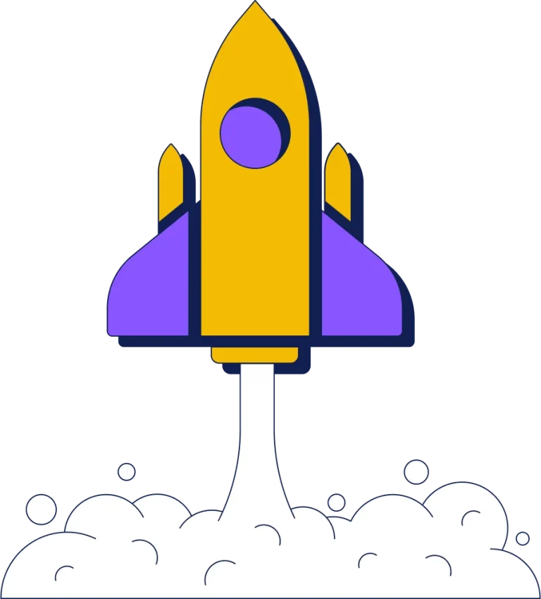 A colorful rocket with yellow and purple accents launching, surrounded by cloud-like smoke.
